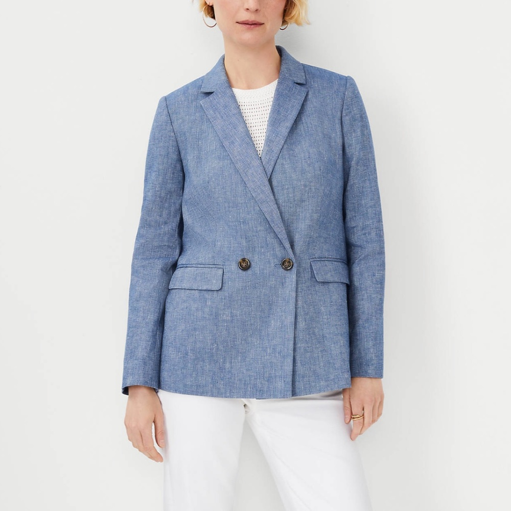 Ann Taylor Relaxed Double Breasted Long Blazer In Linen Cotton Chambray Size 8